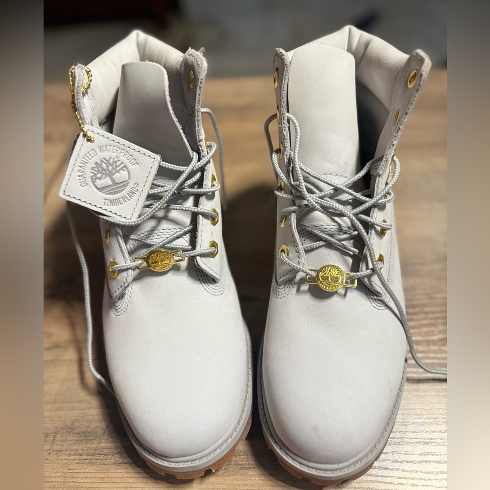 Timberland Light Gray Boots with Gold Accents